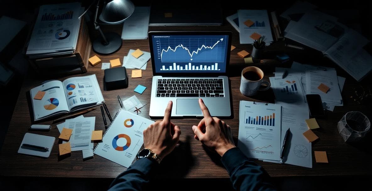 Руки указывают в разные стороны над графиком падения, офисные документы в тени