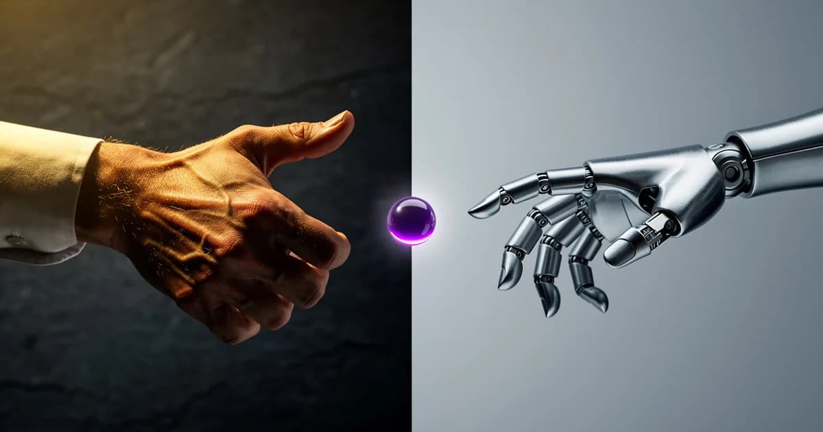Рука человека и механическая рука тянутся к светящейся точке — ИИ vs менеджер
