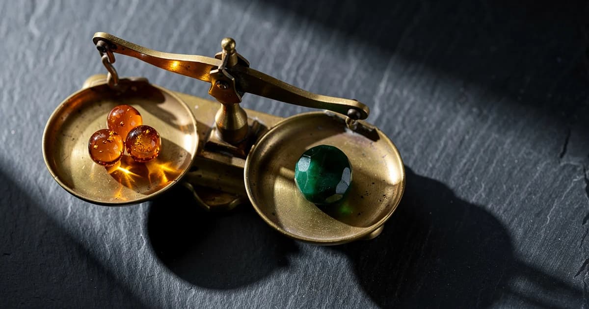 Brass balance scale — amber spheres vs emerald stone: heritage pricing metaphor
