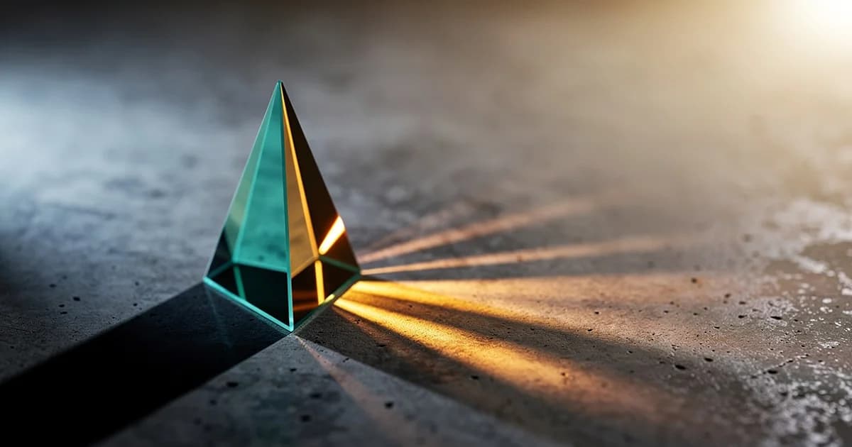 Teal glass prism splitting amber light into copper spectrum on charcoal