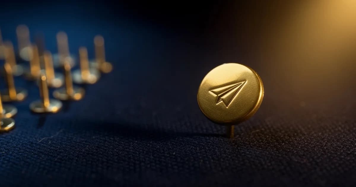 Brass map pin with paper-plane detail on navy surface, amber spotlight