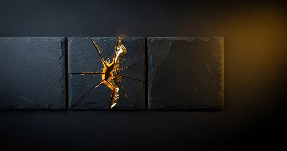 Пять сланцевых плиток — центральная раскалывается с золотым светом