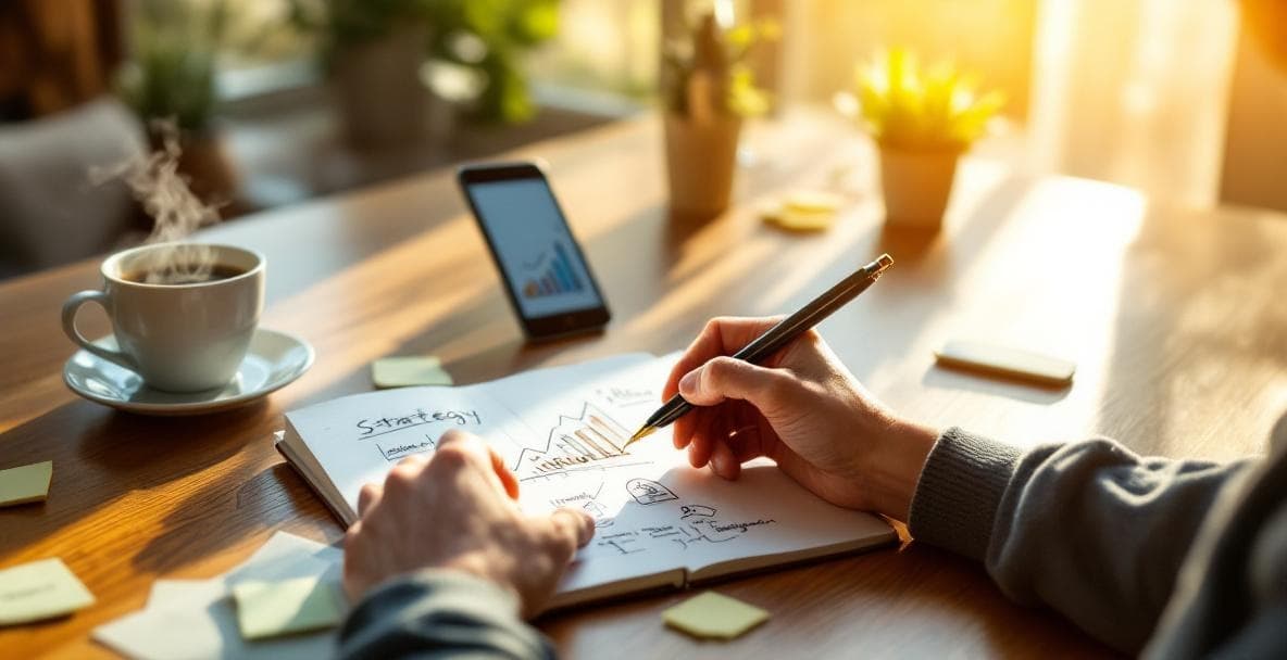 Рабочий стол стартапера с ноутбуком, кофе и заметками о контент-стратегии в теплом золотом свете