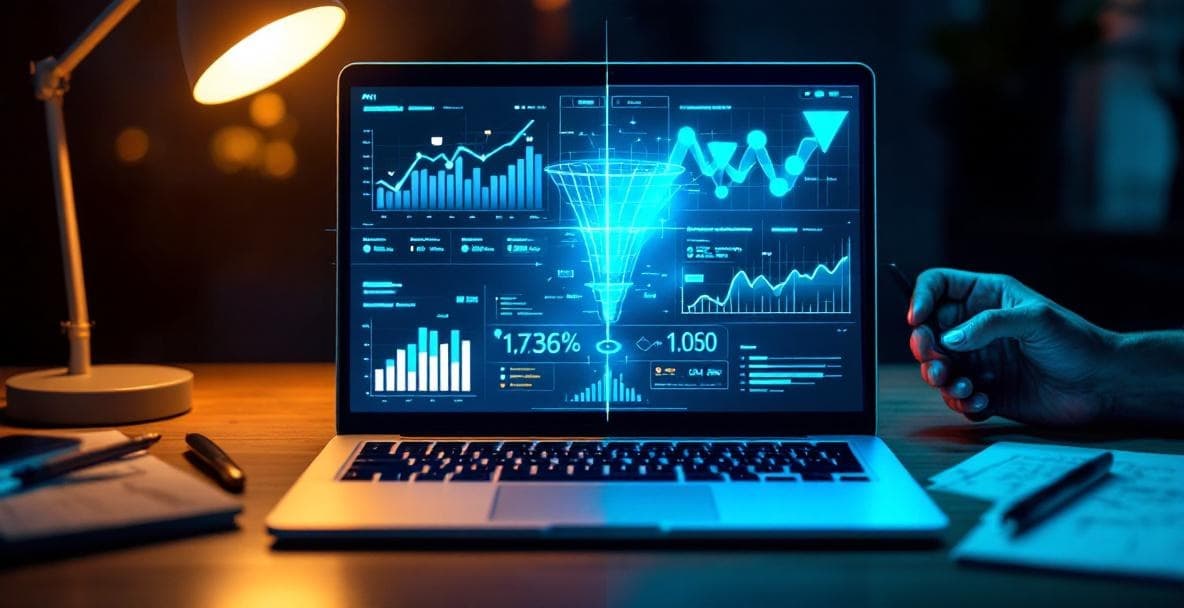 Ноутбук с AI-графиками, рука со смартфоном, данные продаж, офис