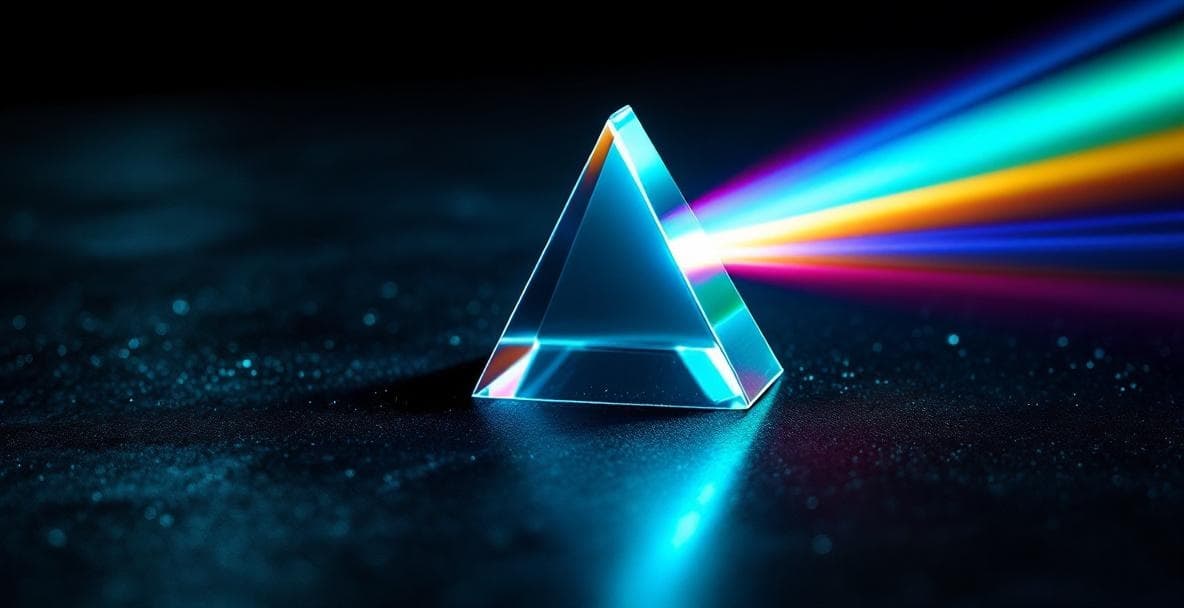 Стеклянная призма расщепляет белый луч на cyan-magenta спектр — метафора AI-поиска (GEO), который разделяет источник между несколькими engine'ами